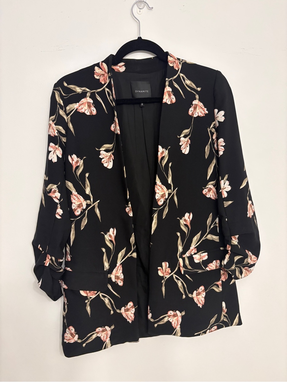 Dynamite Black Floral Open Blazer with Pink & Cream Blooms